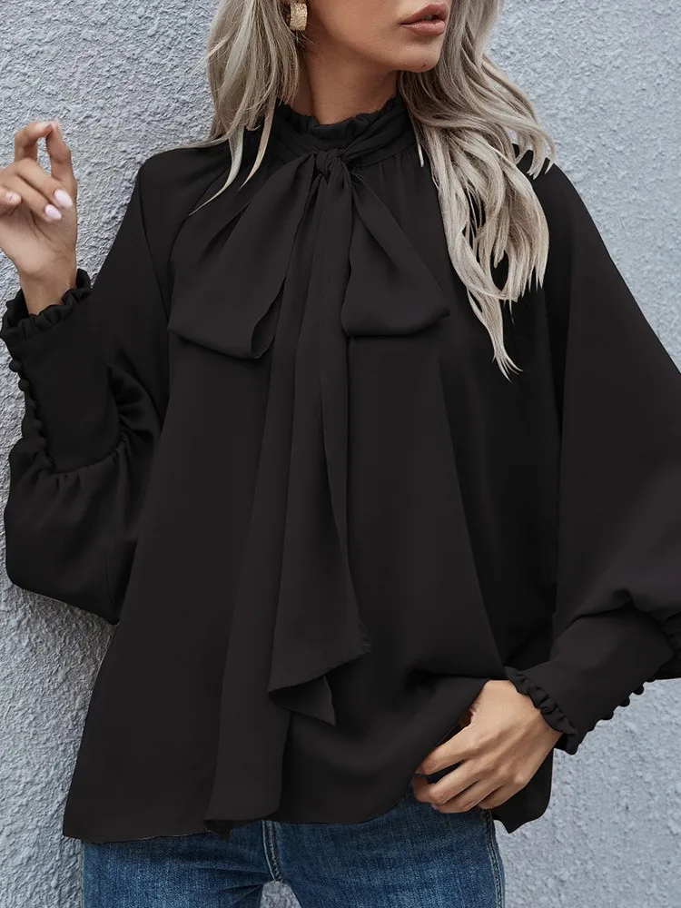 Spring Autumn Women's New Fashion High Collar Bow Tie Bubble Long Sleeve Casual Loose Versatile Round Neck Top