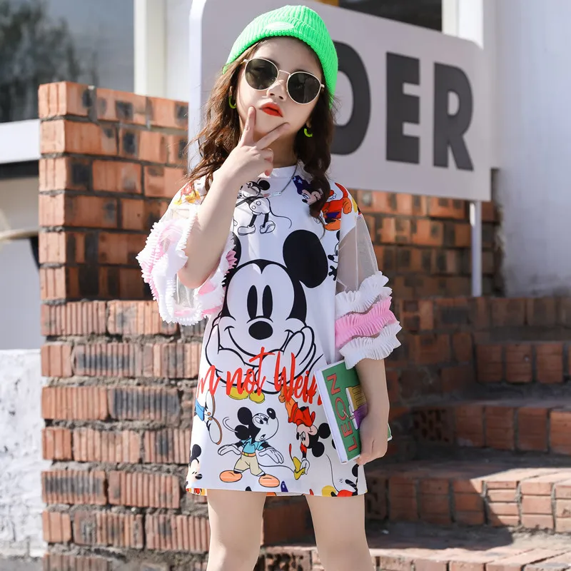 2024 Summer New Disney Mickey Princess Sophia Snow White Bella Girls Teenager mesh lace T shirt Dresses Baby Cloth7 10 12 year