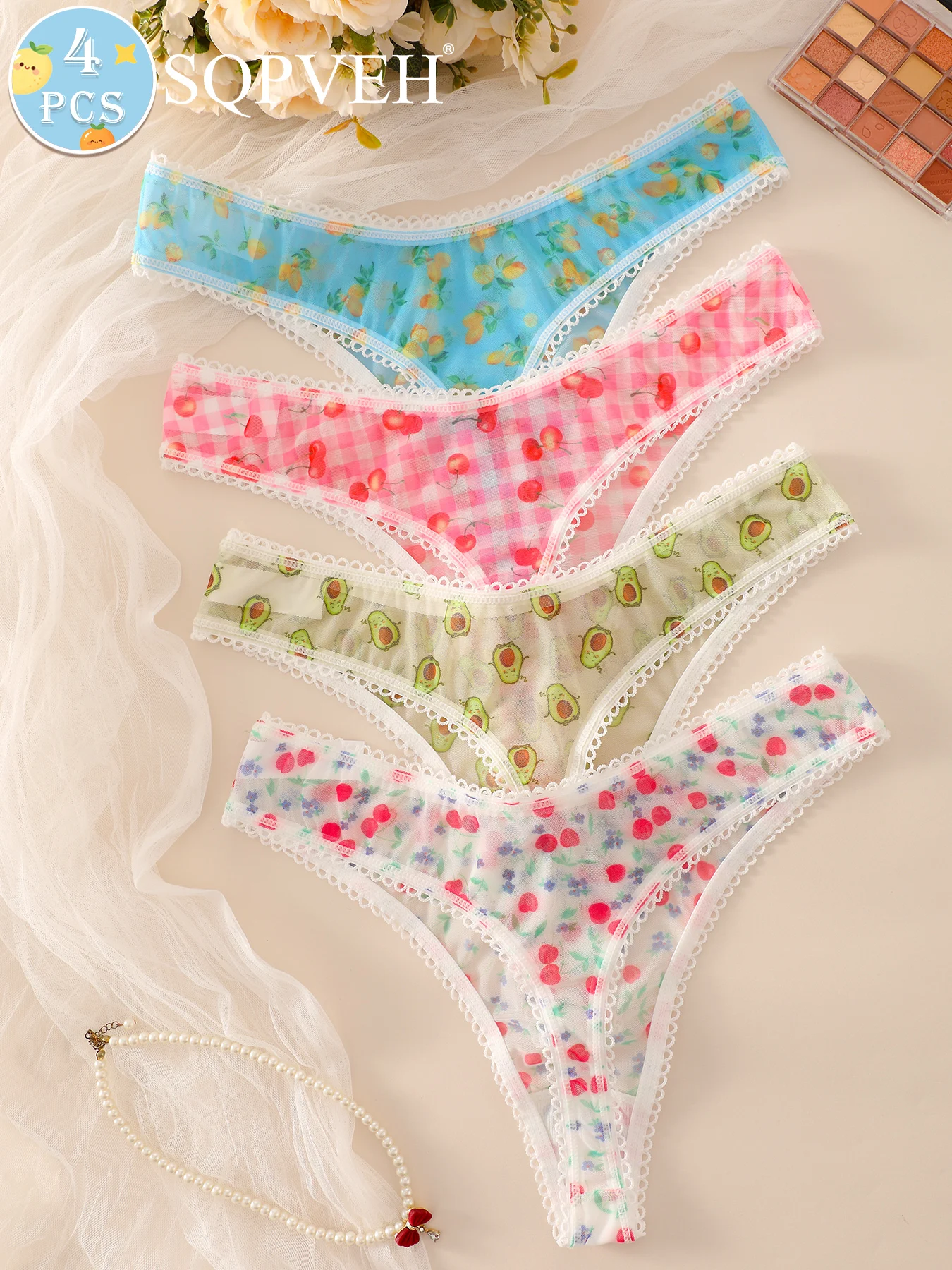 4 Stück Netz-Tangas mit Früchte-Print für Damen, Spitzenbesatz, transparente Slips, niedliche, sexy Unterwäsche mit Avocado-, Zitronen- und Kirschmuster