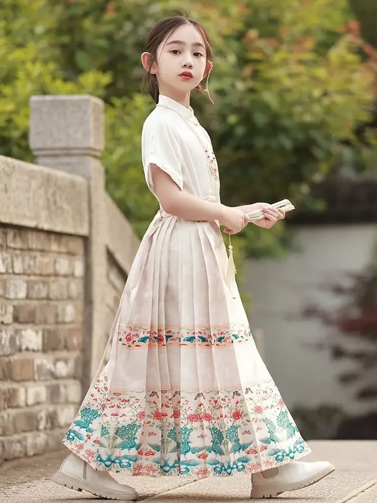 ม้าหน้ากระโปรงสําหรับสาวฤดูร้อนเด็กเสื้อผ้าโบราณจีน Hanfu ชุดสไตล์แห่งชาติทุกวัน Ming Dynasty เครื่องแต่งกาย