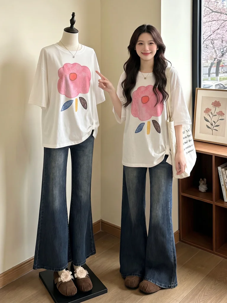 Floral Design Short Sleeve Women's T-shirt Shoulder Width Regular Summer New Style plus Size Loose Slimming Korean Version