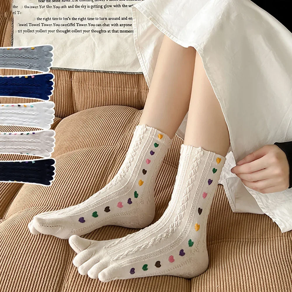 Ins Colorful Heart Braid Five Finger Socks For Women Spring Autumn Middle Tube Cotton Socks Breathable Crew Sock Streetwear