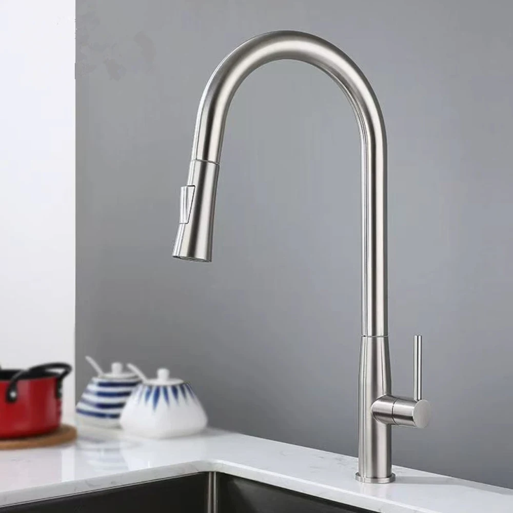 

304 Stainless Steel Single Cold Kitchen Sink Faucet ,Brushed Grey Color Hose Pull Down With 360 Rotation , Two Models Water Out