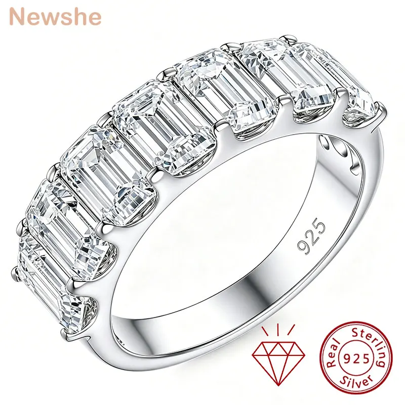 Newshe Certified Moissanite Bands for Women 925 Sterling Silver Half Eternity Emerald Cut Wedding Ring D Color VVS1 Fine Jewelry
