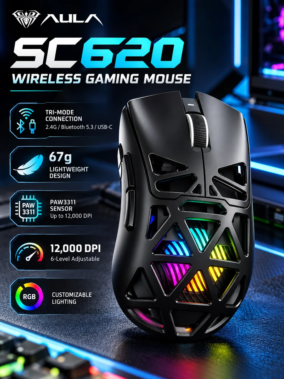 AULA SC620 Wireless Gaming Mouse 12000 DPI PAW3311 Tri Mode 2.4G Bluetooth Wired RGB 500mAh 7 Buttons