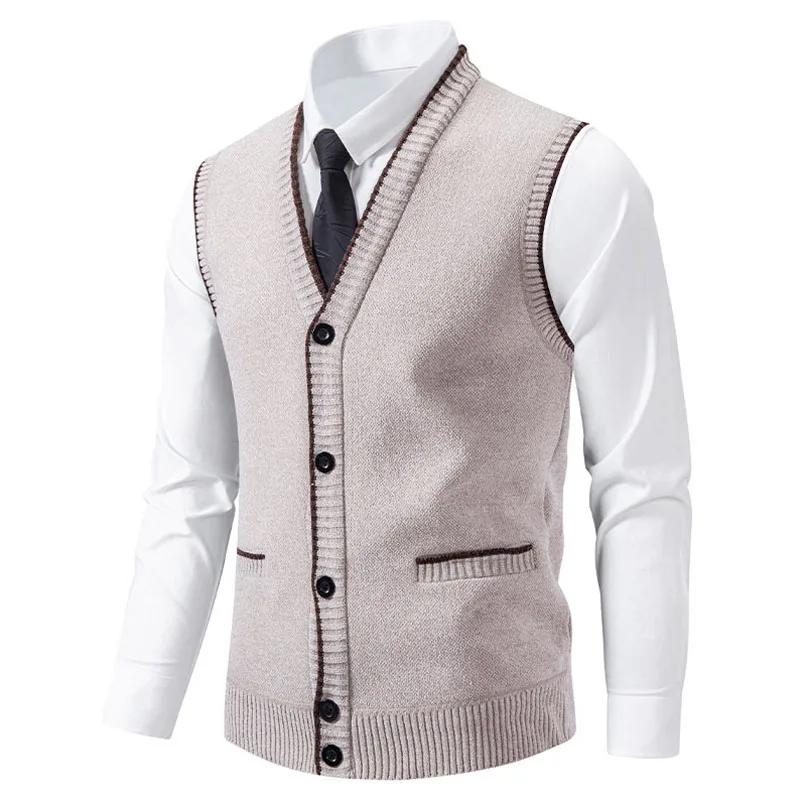 Autumn Winter Mens Casual V Neck Knit Vests Fleece Sleeveless Sweater Vest Men Smart Casual Cardigan Waistcoat Fashion Knitwear