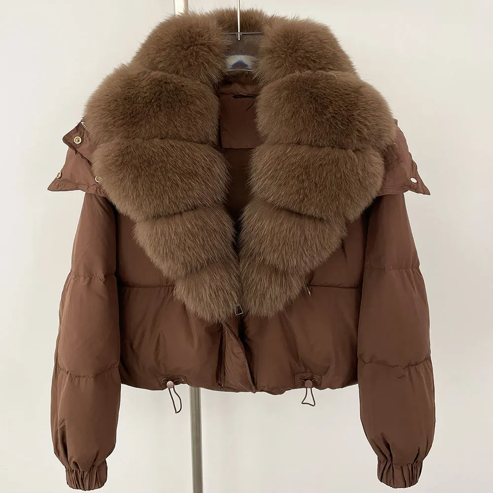 OFTBUY Krótka Kurtka Puchowa Wodoodporna Parka Zimowa Duże Naturalne Futro z Lisa Puszysta Damska Zapinana na Guziki Ciepła Biała Kurtka z Kaczego Puchu Pióra