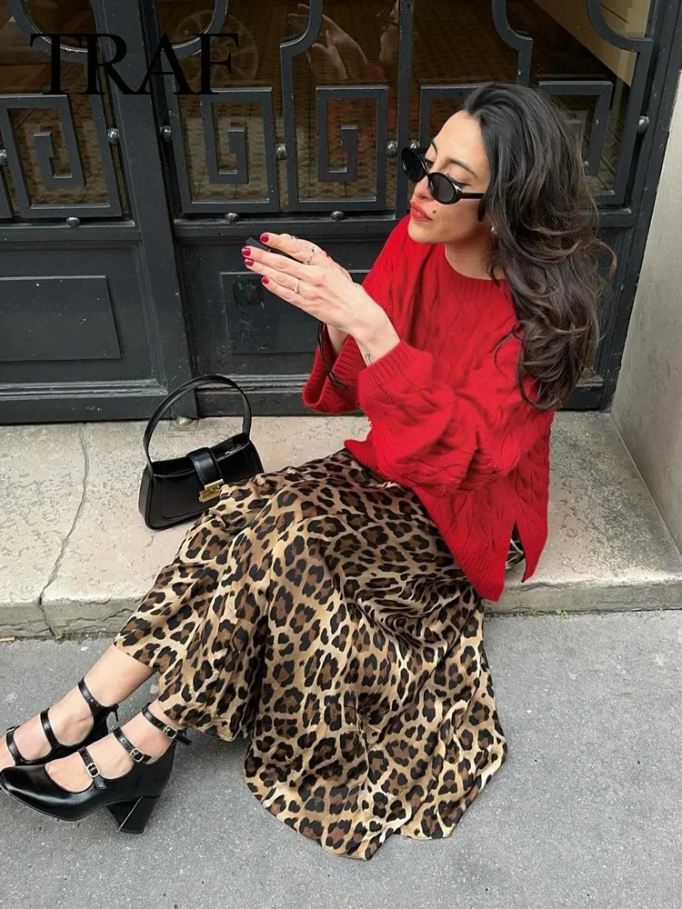 TRAFZA 2024 Women Vintage Leopard Print Skirt Fashion High Waist Midi Skirts Elegant Women Summer Casual Streetwear Skirt