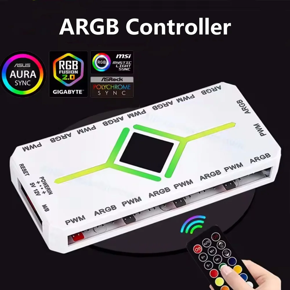 KEBIDUMEI 1 To 9 Port ARGB PWM Fan Hub Adapter Controller 5V 3 Pin Cooling Fan Hub Splitter PWM Magnetic Suction Hub for PC Case