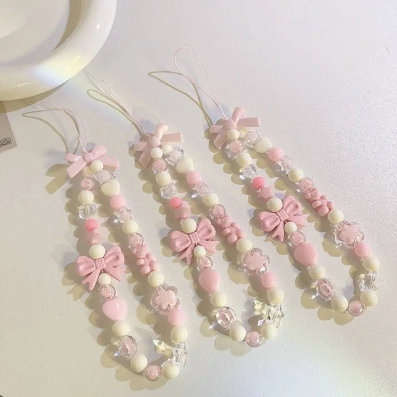 Pink Bead Love Bow Pendant Mobile Phone Chain Fashion Cellphone Case Hanging Rope Women AntiLost Telephone Phone Lanyard Jewelry