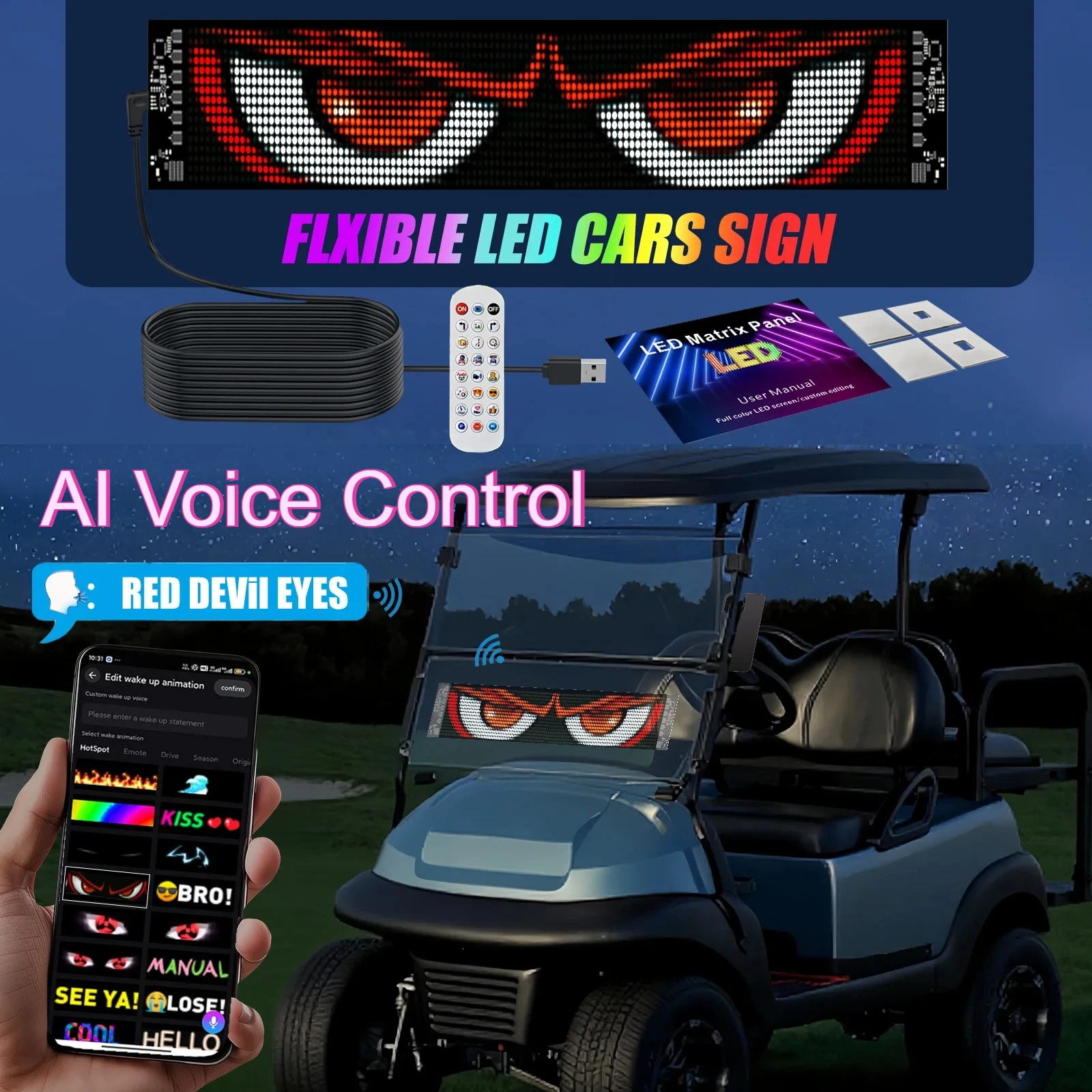 AI Voice Control Surplife LED Car Windshield Display Devil Eye Pixel Panel Ultra-Thin Flexible Advertising Sign App/Bluetooth