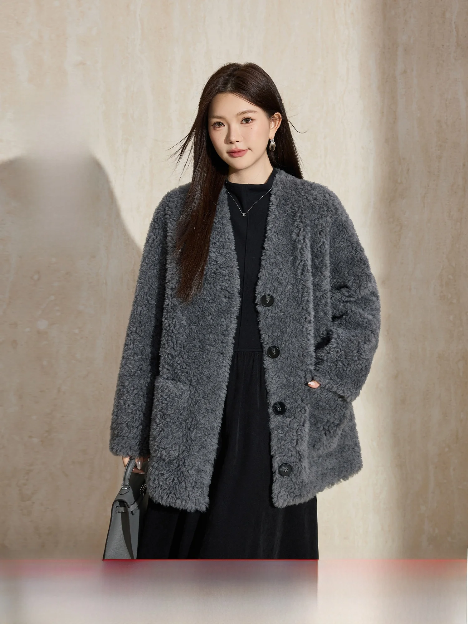 

Blue Language Large Size Lazy Sle 00% Wool Particle ort Jaet Winter New Faion Fake Leather Fur Inteated Top