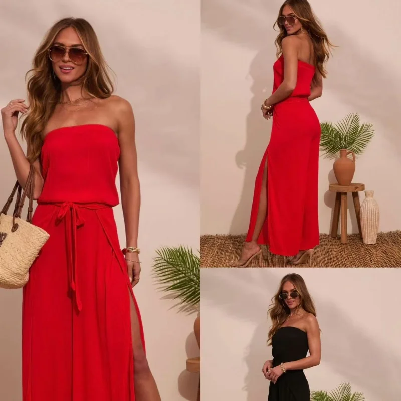 

Spring 2025 Women's Long Split Jumpsuit High Waist Wide Leg Pants One oulder High Waist Long Pants Commute Sle Elastic Fa...