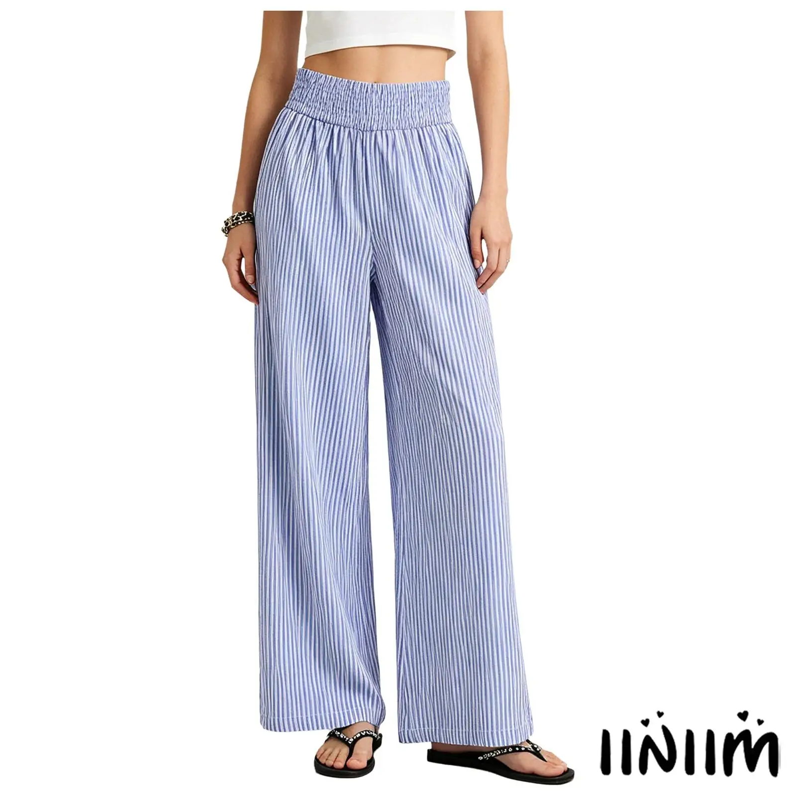 New Elastic High Waist Printed Palazzo Pants for Women Wide Leg Trousers with Side Pockets for Beach Casual Vacation Outing