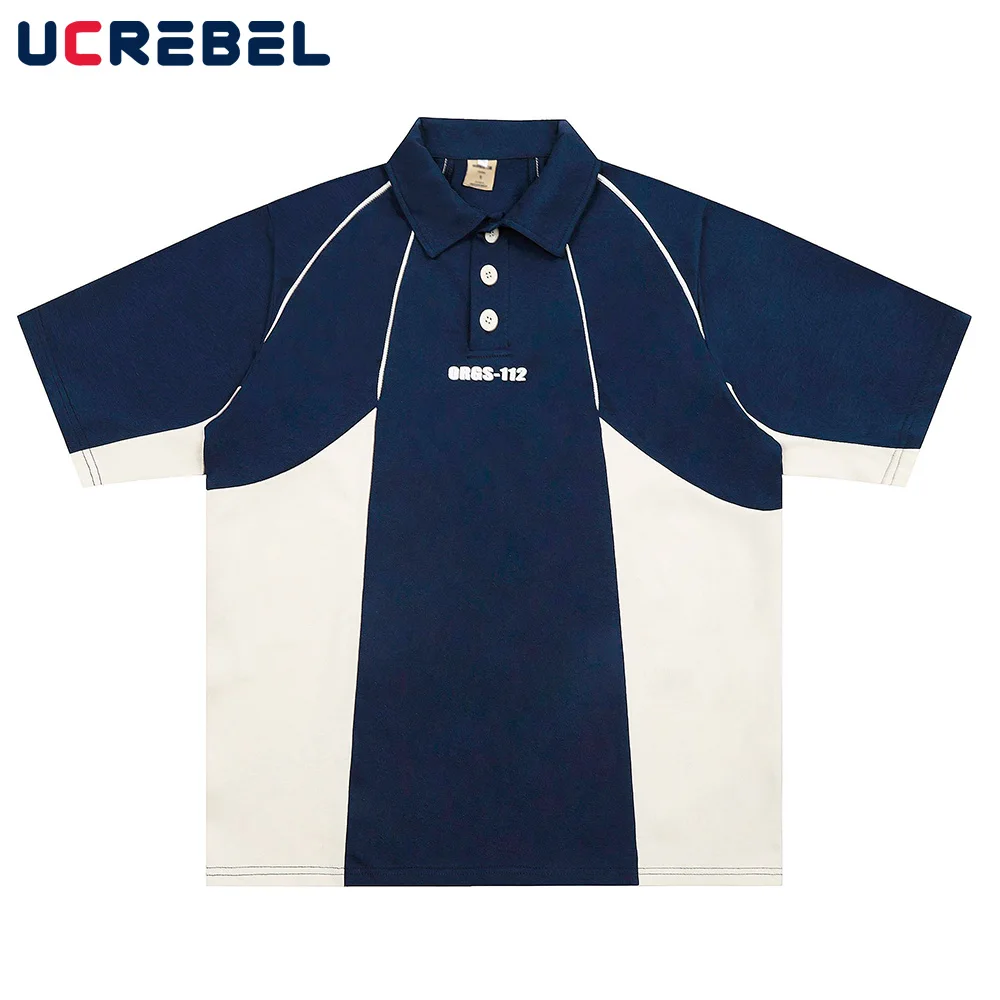 

Contrast Paneled Short Sleeve Polo Shirts Mens Letter Print Summer High Street Loose Spliced Half-Sleeve Tops Men