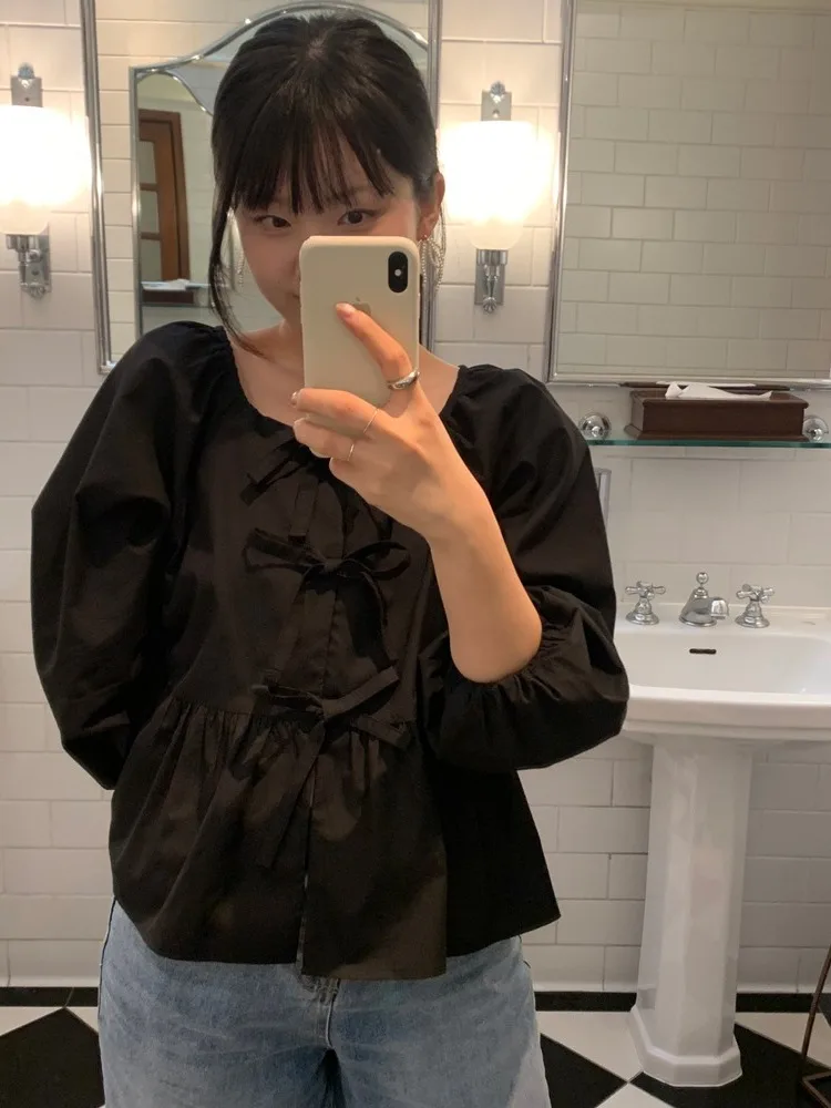 เสื้อเชิ้ตยาวทรงสวยเก๋สำหรับผู้หญิง ดีไซน์โบว์ผูกสไตล์เกาหลี ทันสมัย เหมาะสำหรับสาวๆ วัยรุ่น ไซส์เล็ก สีพื้น