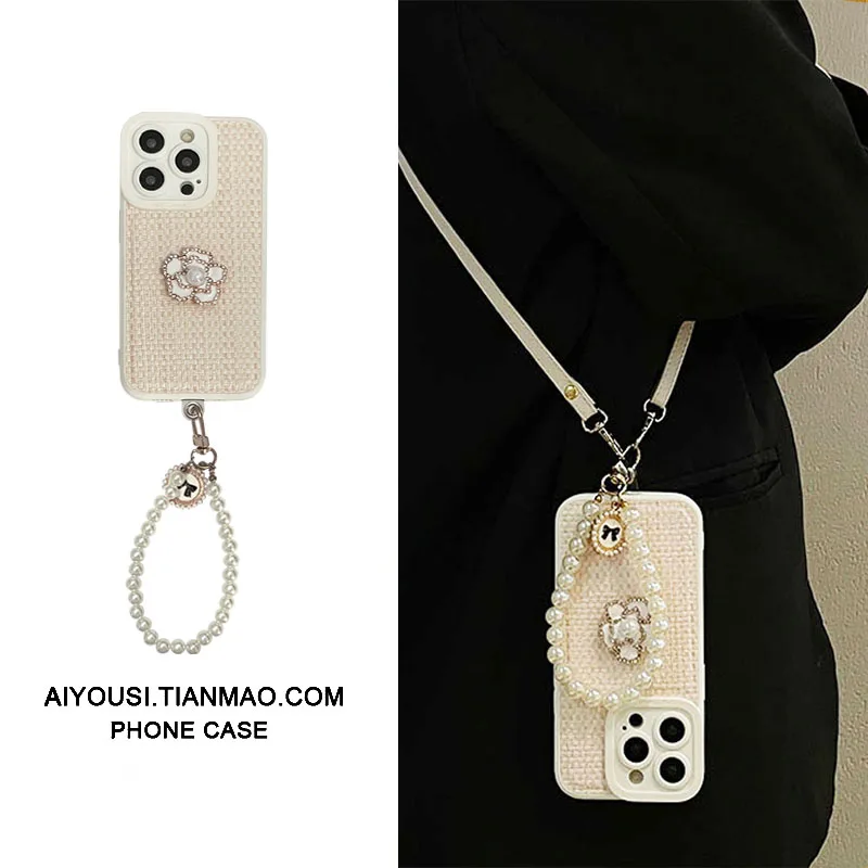 

White Pearl Camellia Small Fragrance for iphone14promax phone case apple 13 new xsmax butterfly bracelet 11/12promax