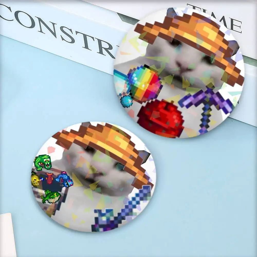 Funny Game Stardew Valley Cat Meme Round Badge Lapel Pins for Backpacks Briefcase Laser Brooch Clothes Gifts