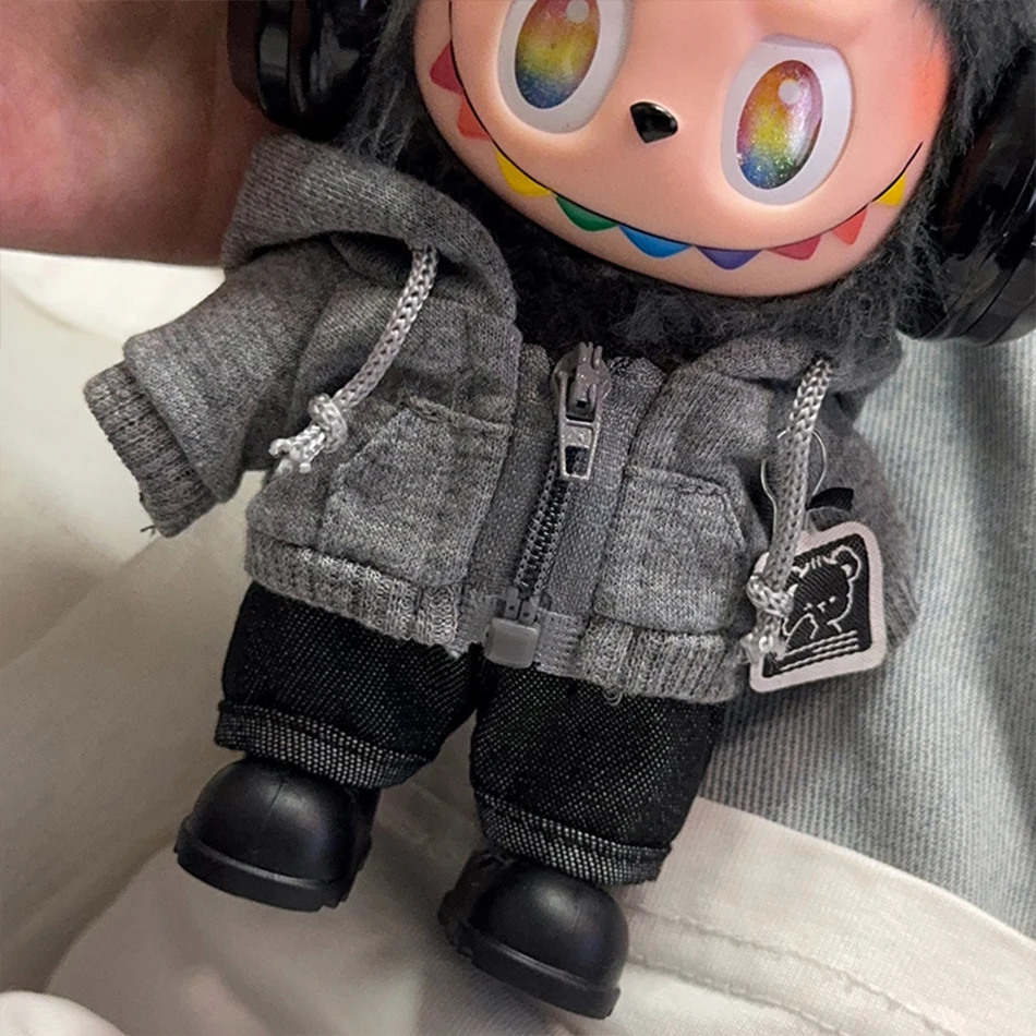 For labubu Big Into Energy Series Casual Hoodie Grey And Black Suit Fashion Sweatshirt Jacket Lovely Outfit Gifts Doll Clothing