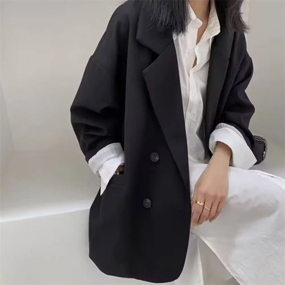 Double-breasted Vintage Jasje Oversized Lange Mouw Notched Jas Vrouwen College Kleding Koreaanse Stijl Casual Losse Blazer