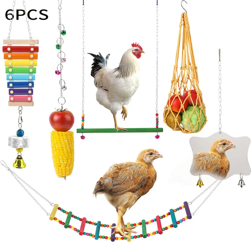 

Hot Selling Custom 6PCS Chicken Toys For Hens Chicken Mirror Xylophone Chicken Vegetable Hanging Feeder