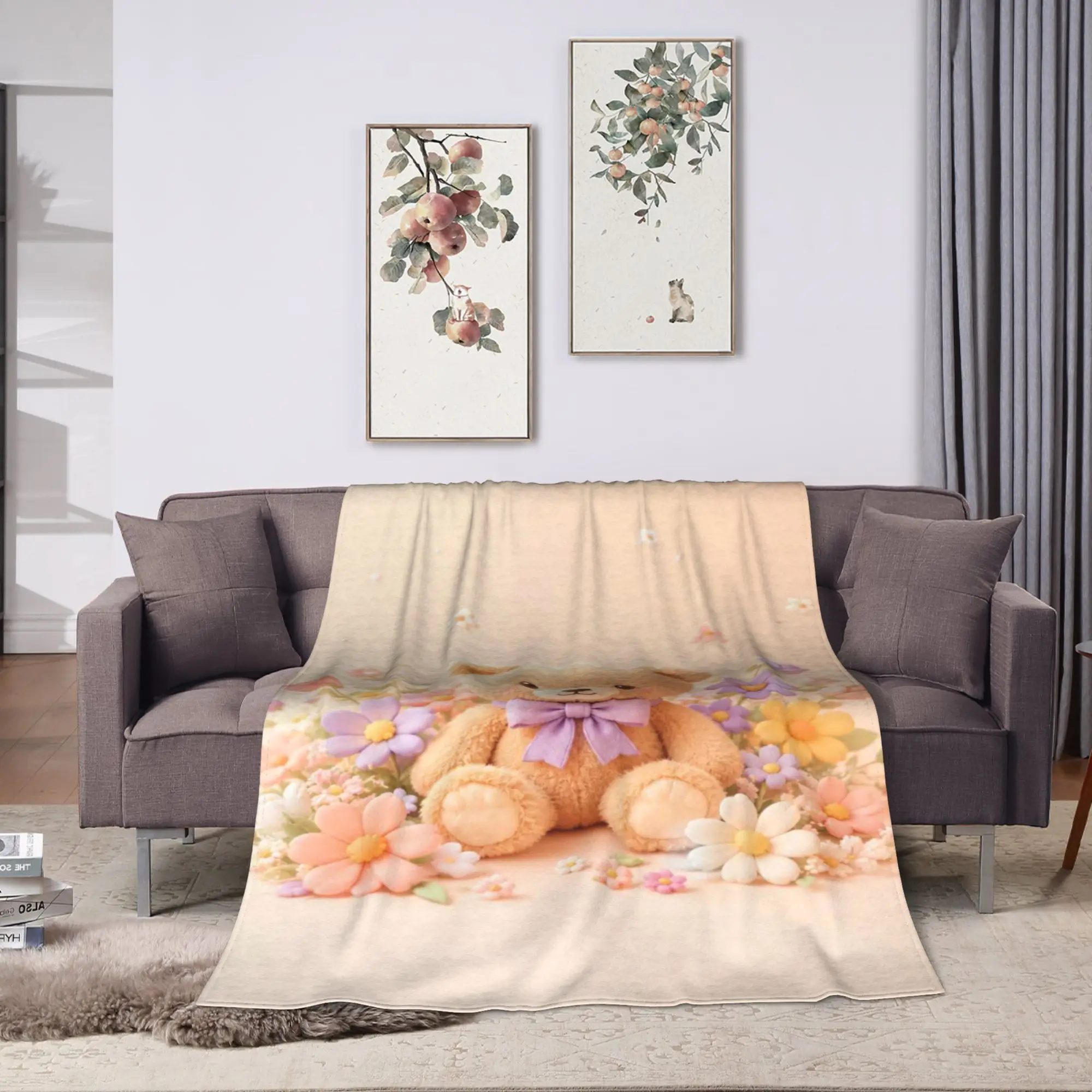 Colorful Teddy Bear Floral Blanket  Warm Soft Funny Plush Throw Blanket For Boy Girl Outdoor Flannel Bedspread Bed Cover
