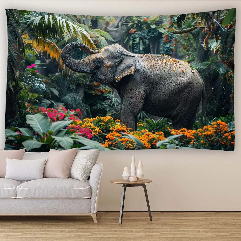 Vintage Elephant Tapestry amidst Flowers Hippie Art Cartoon Animal Background Mural Wall Mounted Canvas for Home Decor