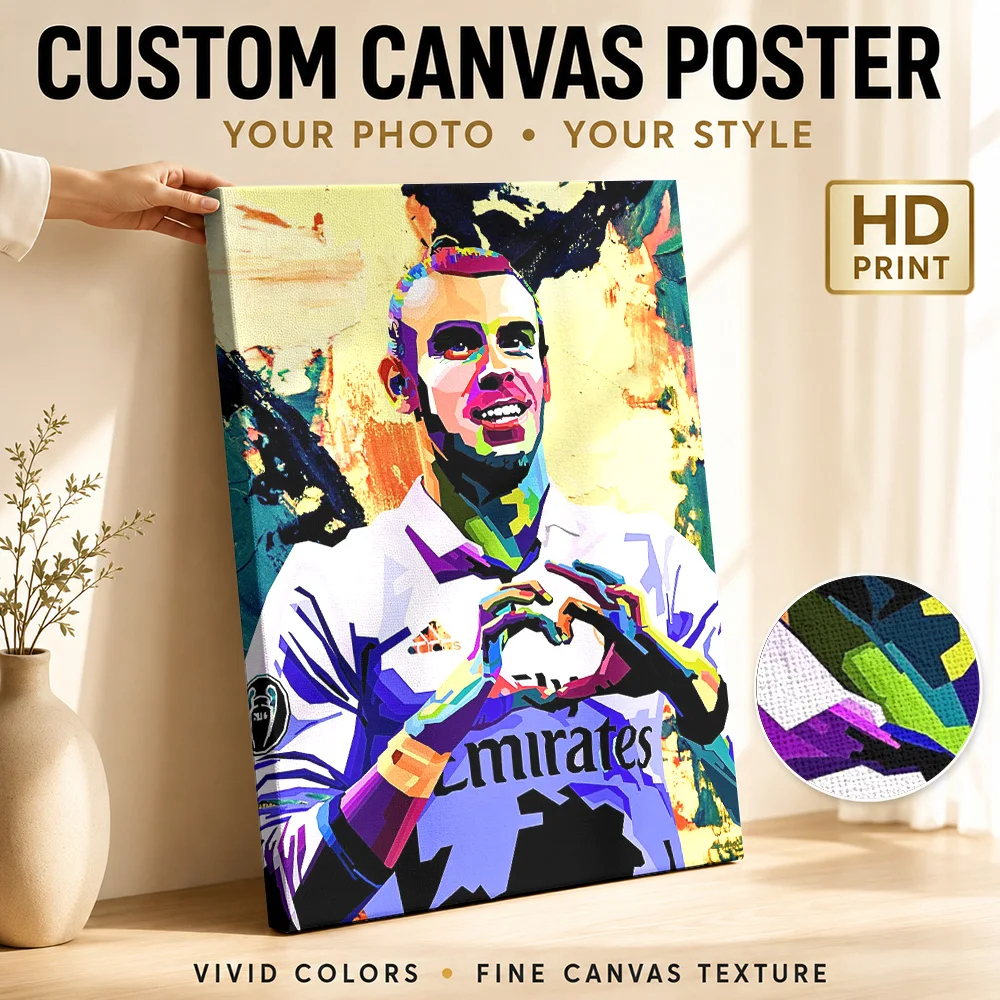 Gareth Bale Portrait Framed Canvas Poster Personalized Photo Geometric Wall Art For Football Fan Lounge, Sports Collector Gift