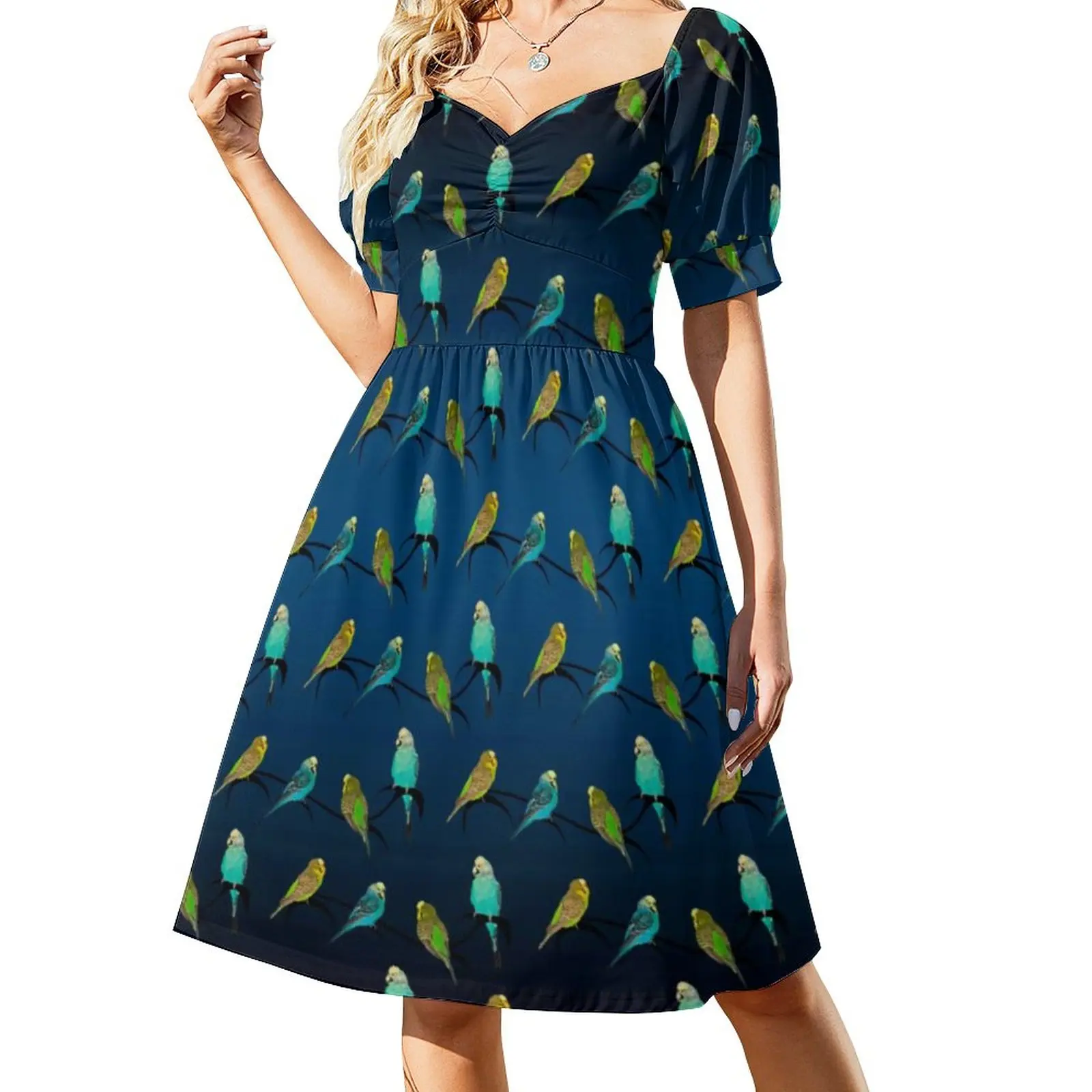 Birds Pet Print Casual Dress Budgie Frenzy Simple Dresses Elegant Dress Womens V Neck Oversized Clothes 4XL 5XL Gift Ides