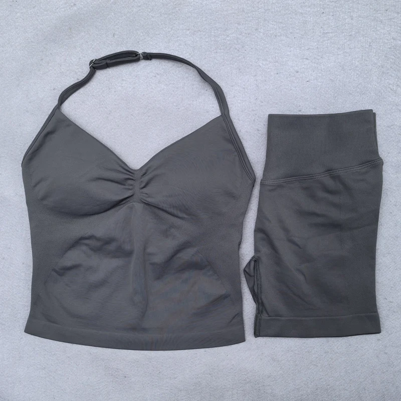 2-teiliges Yoga-Set für Damen, rückenfrei, Neckholder-Tops, hohe Taille, nahtlose Shorts, Fitnessstudio, Anzug, Fitness-Kleidung, Sportbekleidung, Workout-Sets – Detail 10