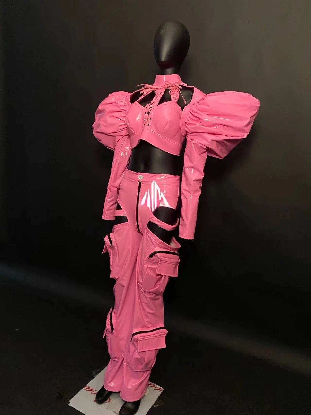 Pink Patent Leather Bubble Sleeve Strap Hollow Top+Pocket Pants Nightclub Sports Parade Gogo DJ Hip Hop Dance Singer Stage Wear