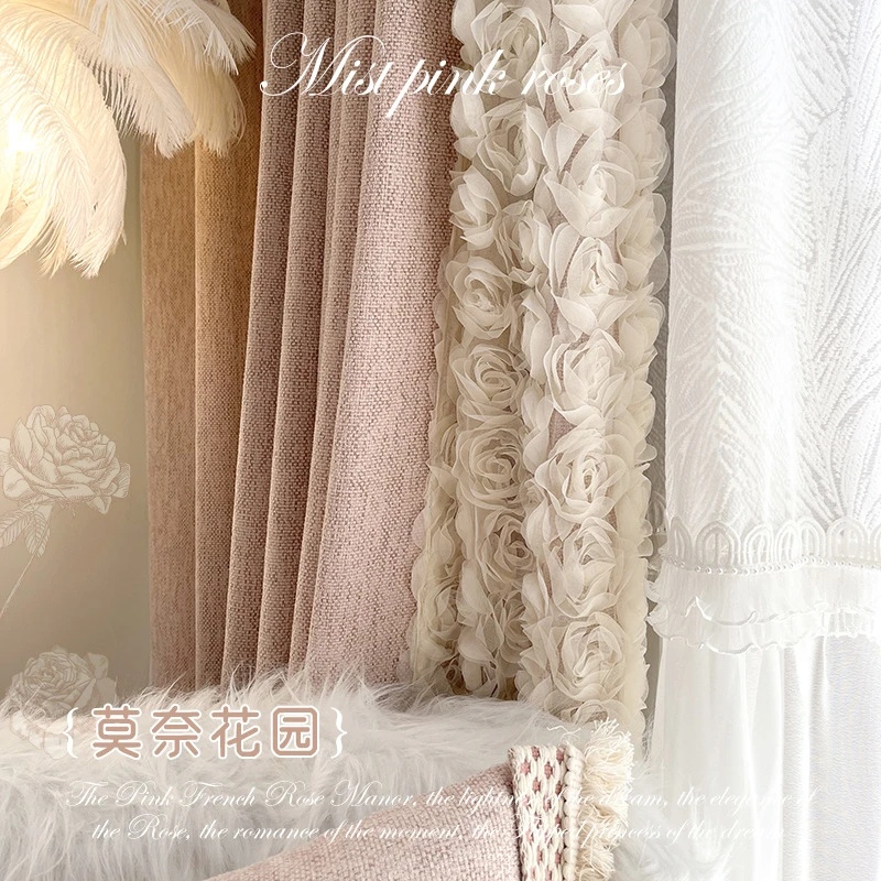 

Monet Rose Mist Pink French Curtains for Living Dining Room Bedroom Princess Style Lace Romantic Beautiful Curtain Custom