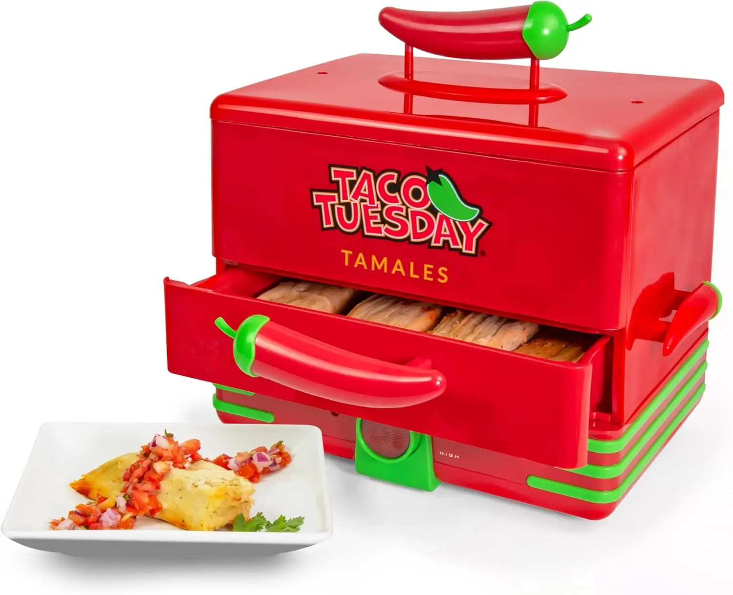 

Taco Tuesday Tamales Steamer - Veggie, Pot Sticker, Hot Dog, Egg, & Hot Tamale 2 Tier Food Steamer – Red and Green