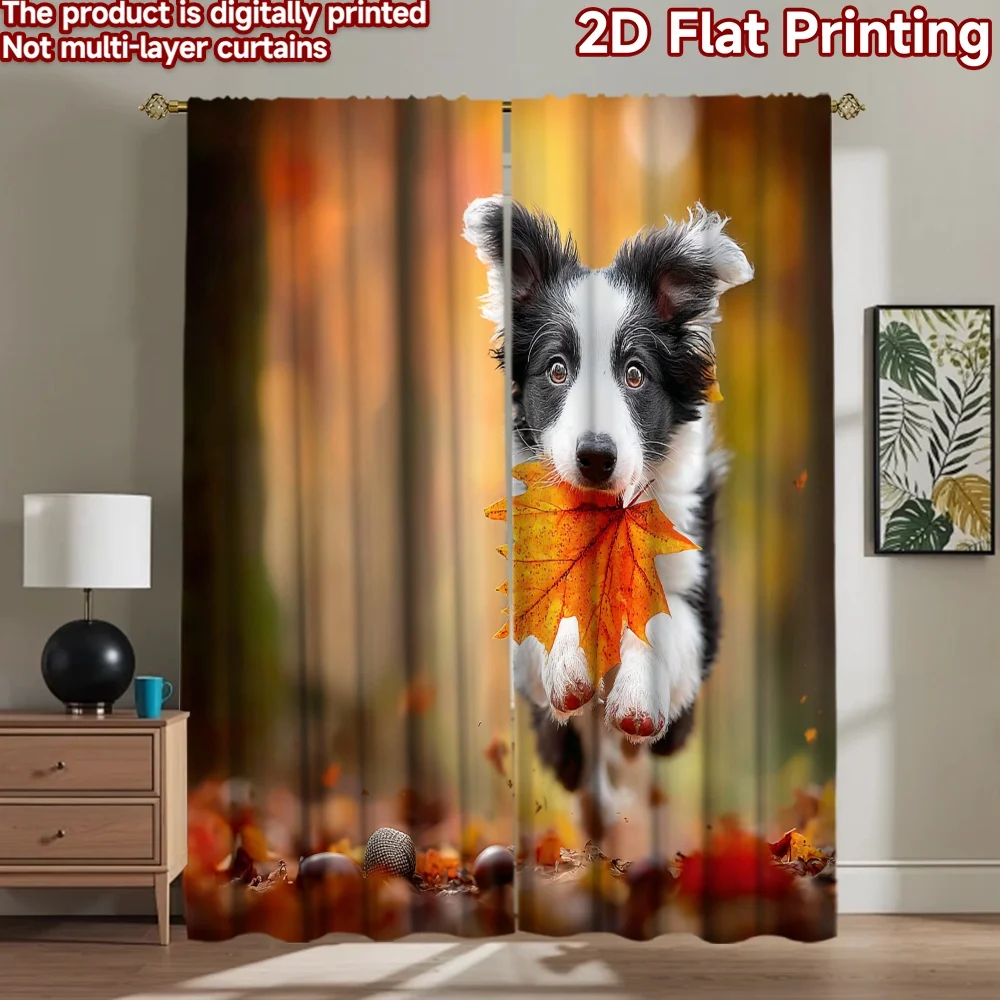 

2D flat printing 2pcs Drapes Autumn Dog Running Leaf Digital Printed Polyester Drapes Family Party for Indoor Celebrations for