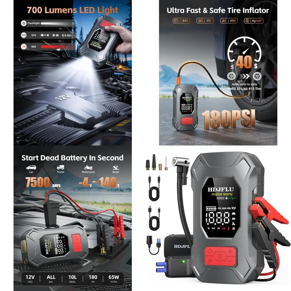 

Стартер 7500A с воздушным компрессором 180PSI, быстрой зарядкой 65 Вт, портативным автомобильным аккумулятором емкостью 24000 мАч, накачиватель шин 12 В (Al)