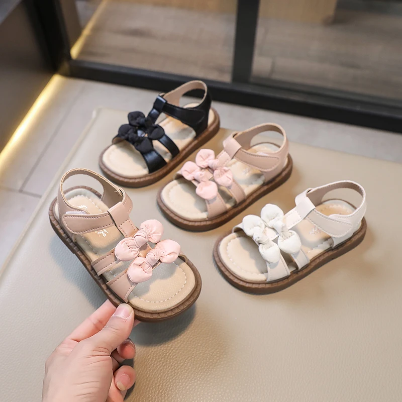 

Children Shoes Kids Sandals 2024 Summer New Fashionable Korean Style Girls Bow Princess Open-toe Beach Shoes Soft Soled Shoes