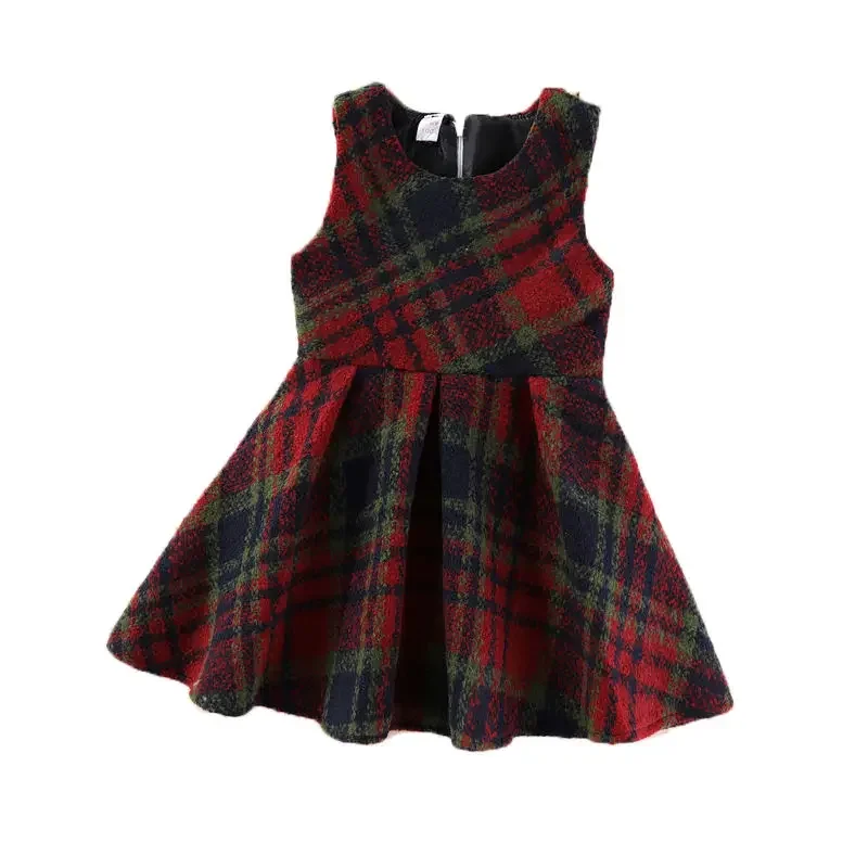 Kids Girls Woolen Dress 2024 New Arrival Autumn Winter Clothes Children Red Plaid Vest Dresses Casual Sleeveless Vest Dress