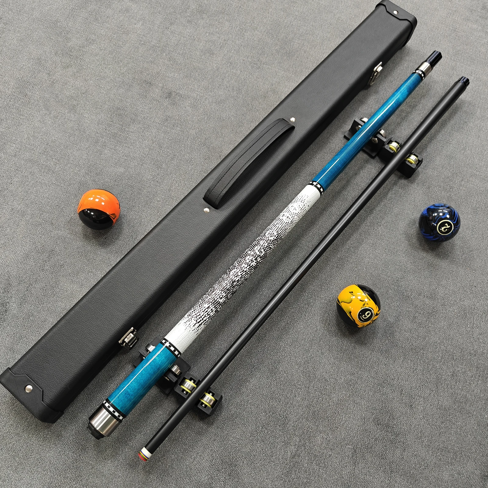 Premium Tech Pool Cue Kit 12.5mm Tip High-End Blue Design Soft Lizard Grip + Durable Black Carry Case