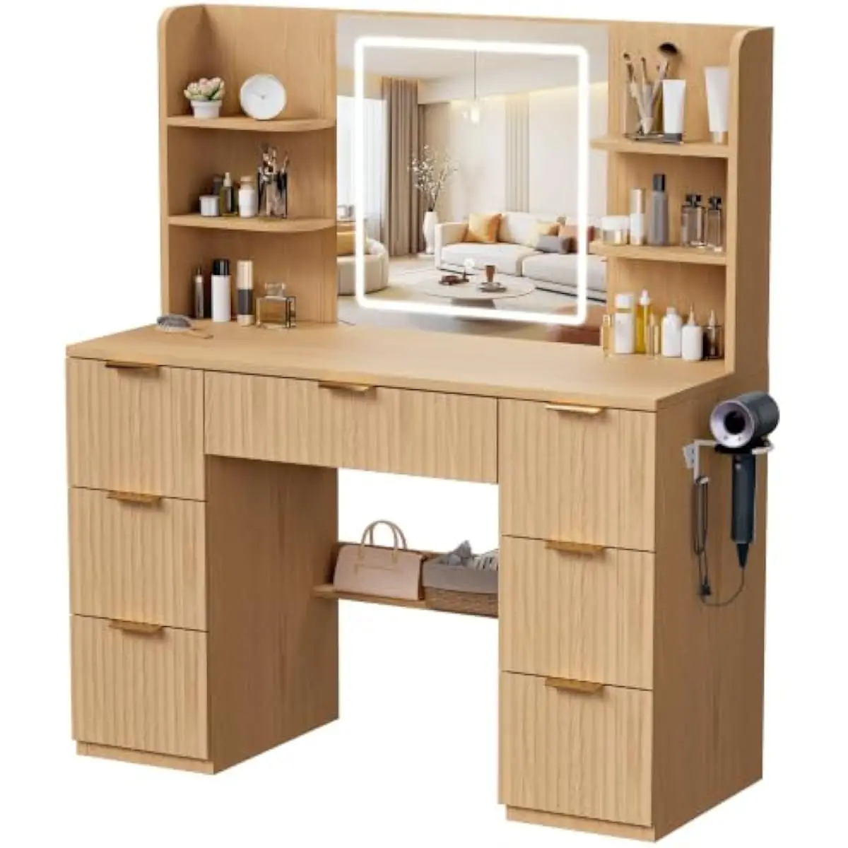 43.3 Inch Wide Contemporary Wooden Vanity Desk Featuring Smart LED Mirror with 3 Color Modes Dimmable Lighting Built-in Charging