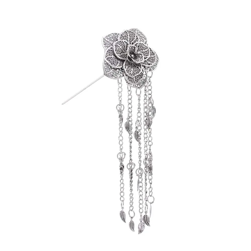 

Ancient Thai Metal Flower Hair Fork Rhinestone Leaves Golden Tassels Hair Fork Waterproof Headdress Silver Rose Hair Sticks