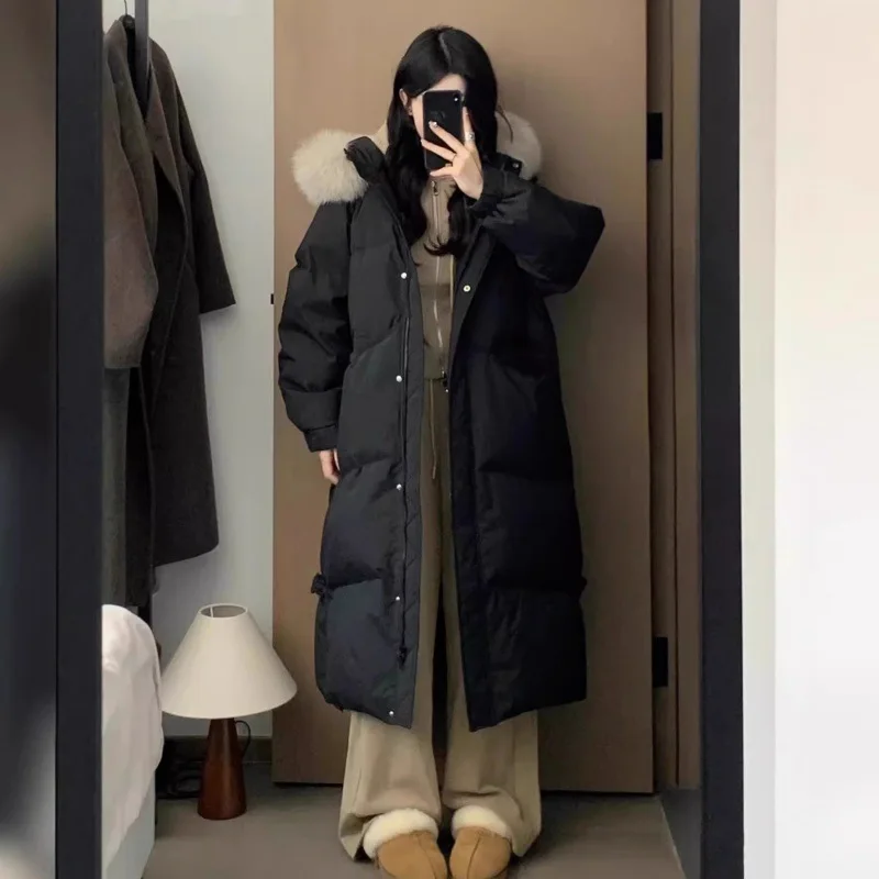 Long College Style Down Jacket Loose Padded Winter Hooded Zipper Pocket Commuter Style Women's Cotton-padded Jacket Coat