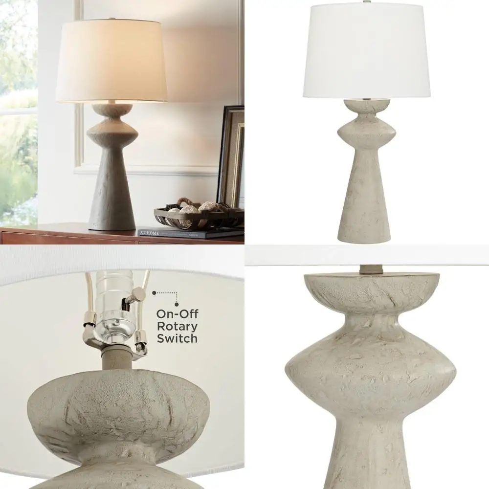 

Sculptural Tall Mid Century Modern Farmhouse Coastal End Table Lamp - Large White Beige for Living Room