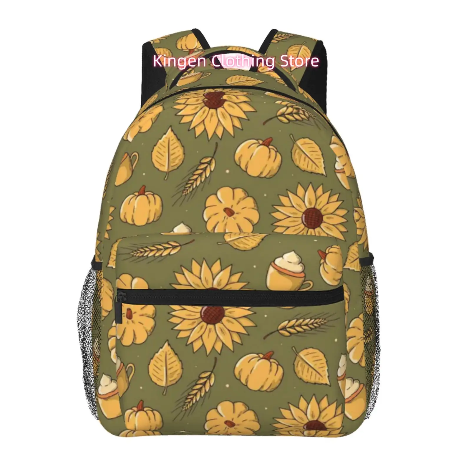 Olive Green Sunflower Pumpkin Autumn Harvest Print Travel Backpack, Large Capacity with Adjustable Shoulder Straps And Multiple
