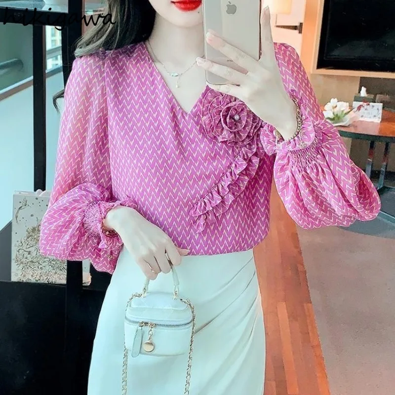 Print Summer Shirts Women Clothes 2024 Blusas Mujer De Moda V-neck Puff Sleeve Loose Blouses Chic 3D Floral Chiffon Blouse Tops