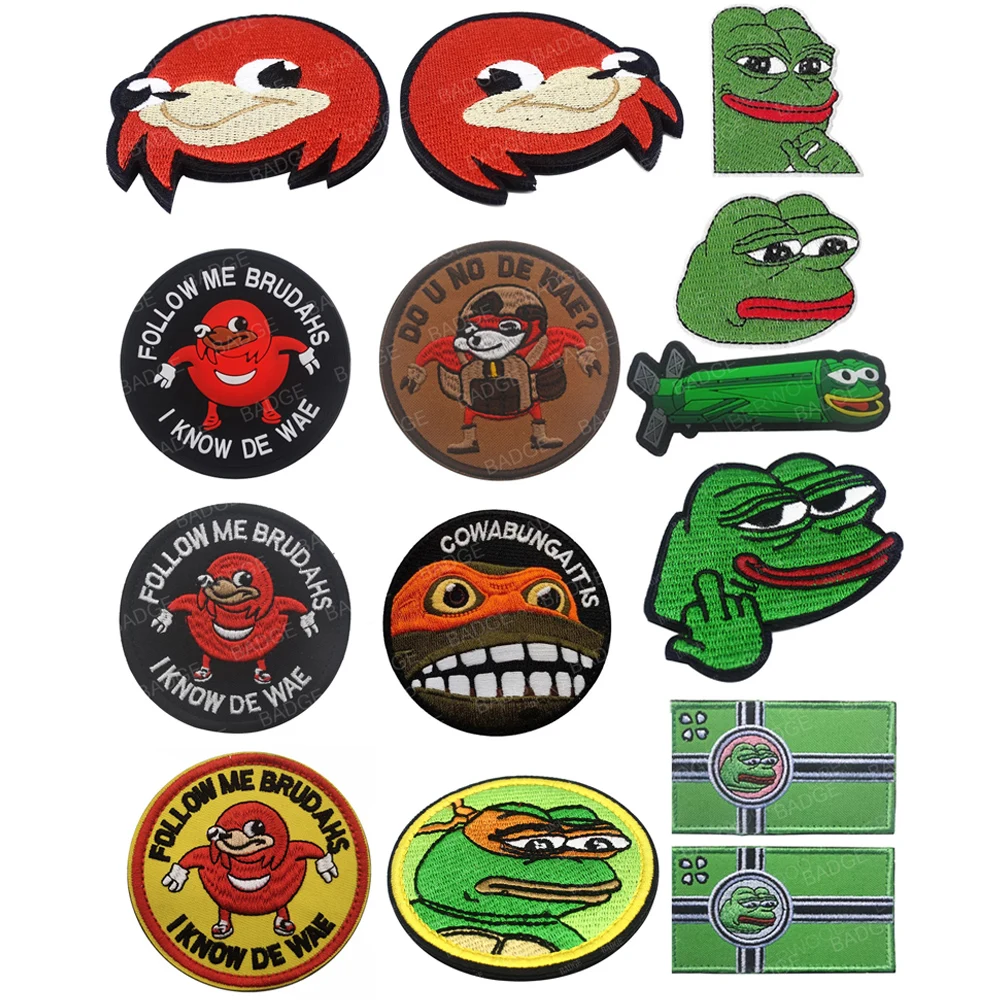 Ugandische Knuckles Patch Folgen Mir ICH Wissen De Wae Haken & Schleife Applique Schwarz Meme Abzeichen