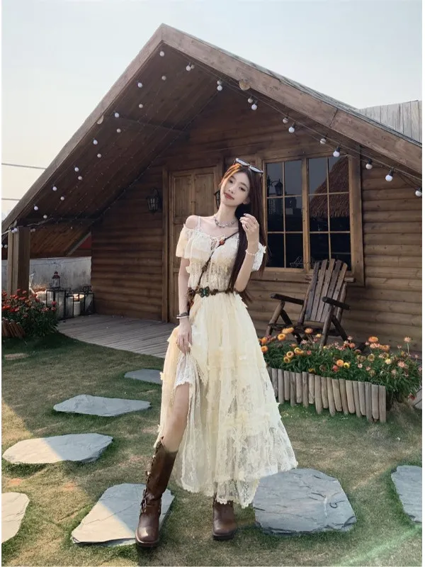 

Комплект: длинное платье на одно плечо и юбка в богемном стиле с кружевом, женская мода, весна 2026, новый дизайн, летний повседневный образ