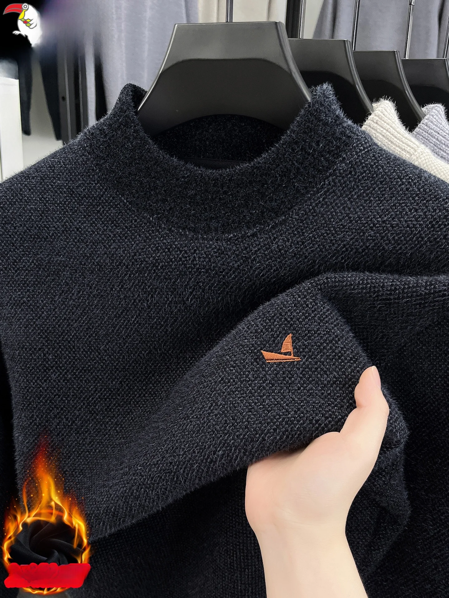 

Thiened Fce Lined Men's Knitted Sweater Winter Warm Base Layer f High Collar Embroidered Woolen Pullover Top
