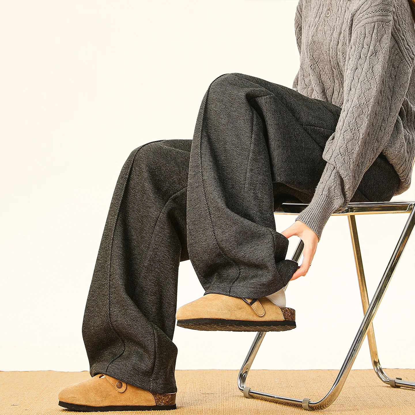 Mens Herringbone Pants Old Money Style Autumn Winter New American Retro Straight Wide Leg Casual Versatile Hanging Feeling Trous