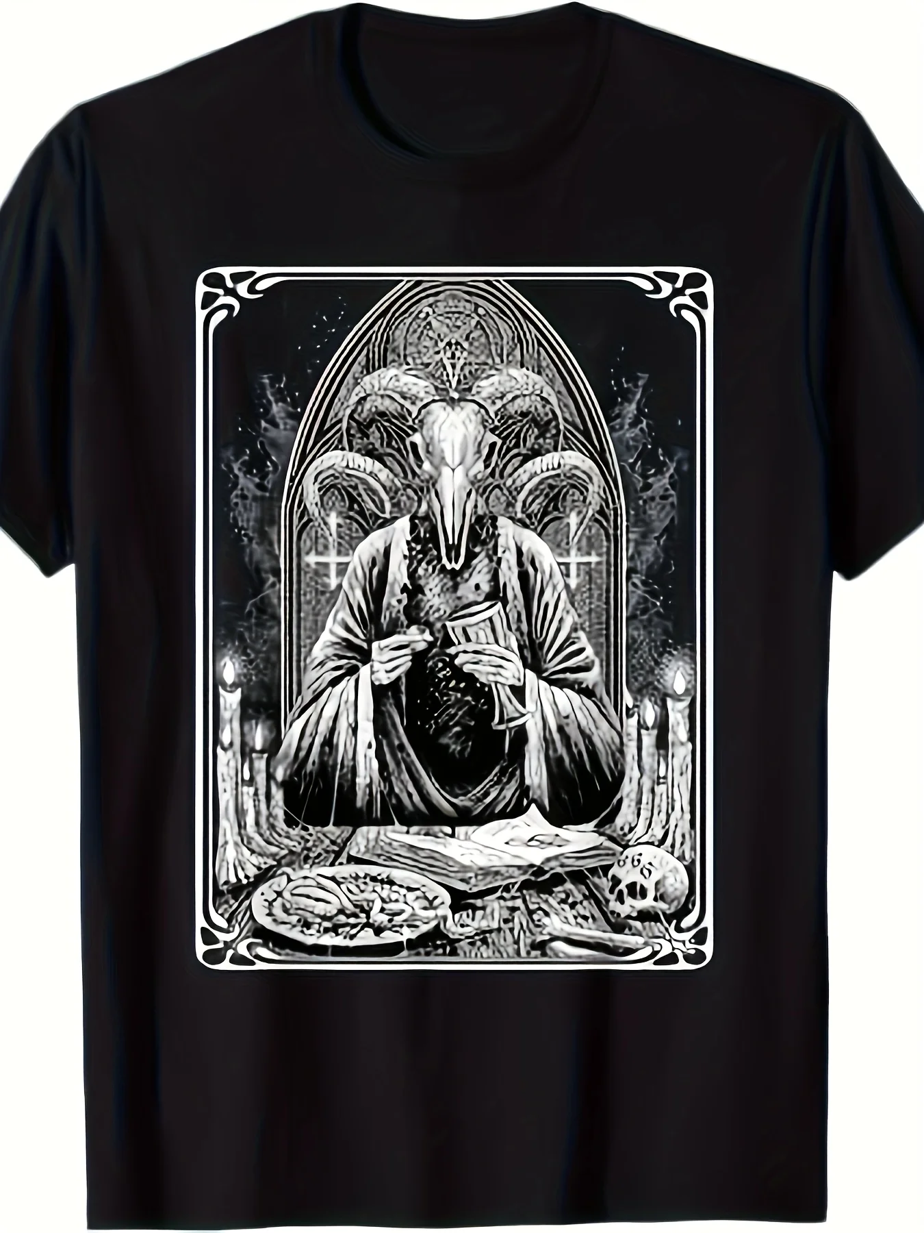 Bafant Men's Gothic Occult T-Shirt 666 Satanic Demon Skull Baphomet Pentagram Design Gothic Print Loose Fit