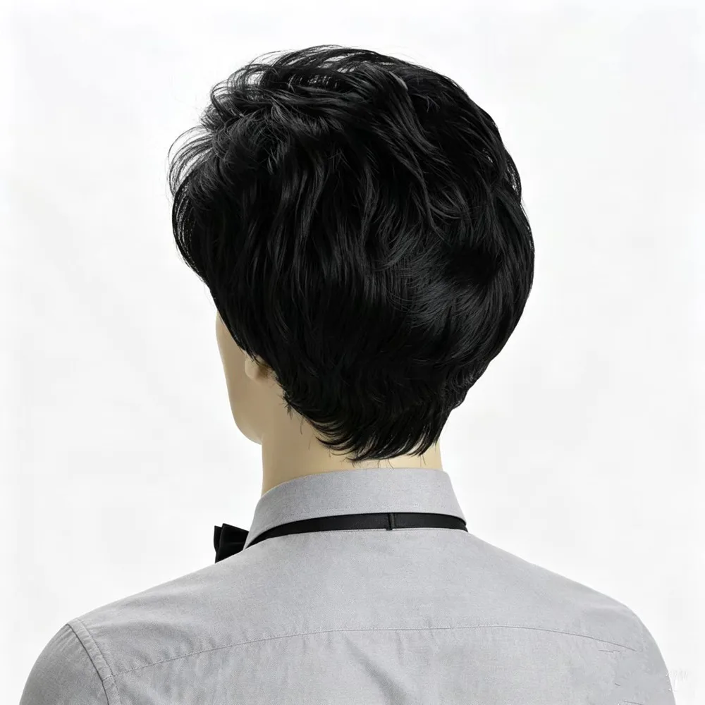 Men's Short Curly Wig Natural Black & Dark Brown Synthetic Hair Heat Resistant Daily Party Wear